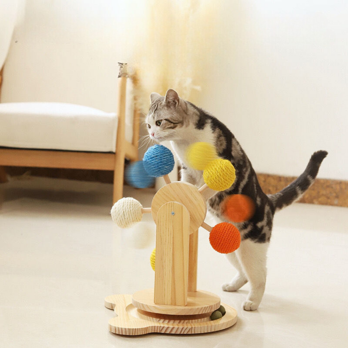 Interactive Ferris Wheel Cat Toy - Natural Sisal Ball Scratcher & Wooden Frame