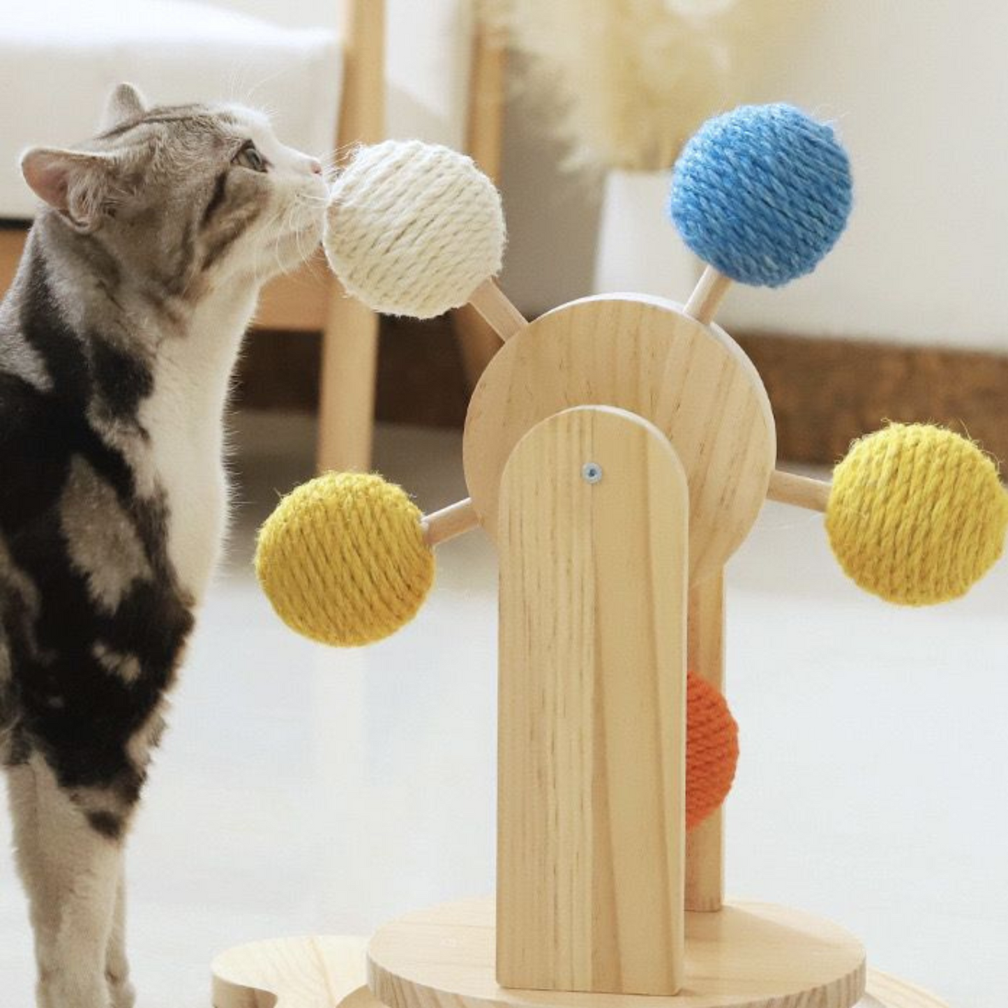 Interactive Ferris Wheel Cat Toy - Natural Sisal Ball Scratcher & Wooden Frame