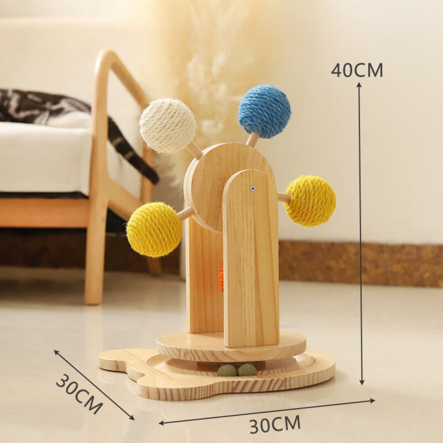 Interactive Ferris Wheel Cat Toy - Natural Sisal Ball Scratcher & Wooden Frame